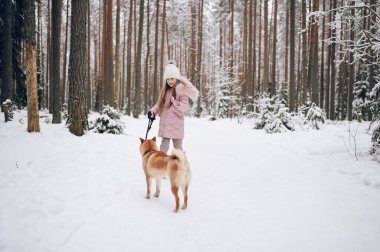 Mutlu aile hafta sonları. Pembe, sıcacık elbiseli küçük tatlı kız dışarıda, karlı, soğuk kış ormanlarında kırmızı shiba inu köpeğiyle eğleniyor. Çocuklar spor tatil aktiviteleri konsepti