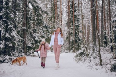 Mutlu aile ferdi genç anne ve pembe, sıcak ve tatlı kız yürüyüş kıyafetleri içinde açık havada, kar beyazı, soğuk kış ormanlarında kırmızı shiba inu köpeğiyle eğleniyorlar. Aile spor tatili aktiviteleri