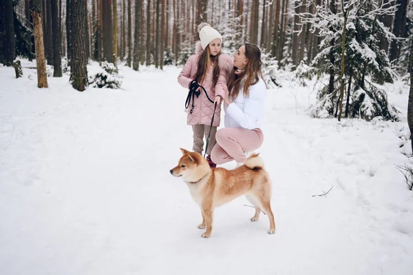 Happy Family Young Mother Little Cute Girl Pink Warm Outwear — Stock Photo, Image