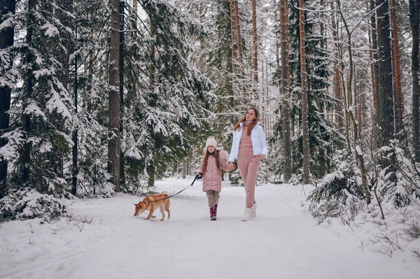 Happy Family Young Mother Little Cute Girl Pink Warm Outwear Royalty Free Stock Images