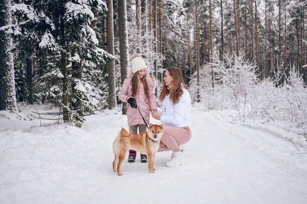 Família Feliz Jovem Mãe Pequena Menina Bonito Roupas Quentes Rosa — Fotografia de Stock