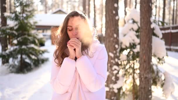 Invierno Retrato Frío Soleado Nevada Una Hermosa Mujer Joven Una — Vídeo de stock