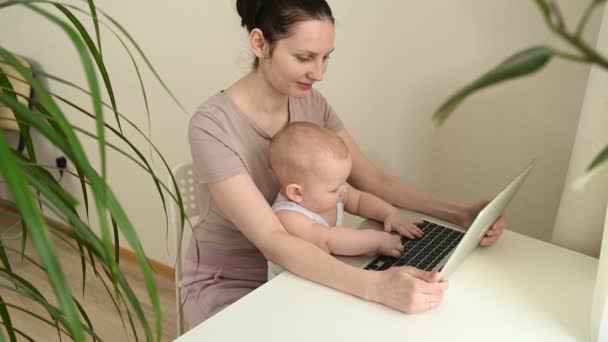 Mladá matka studuje z domova s notebookem během karantény, malé roztomilé batole na klíně. Domácí kancelář, rodičovství. Práce na dálku, distanční vzdělávání. Virtuální událost videokonference. — Stock video