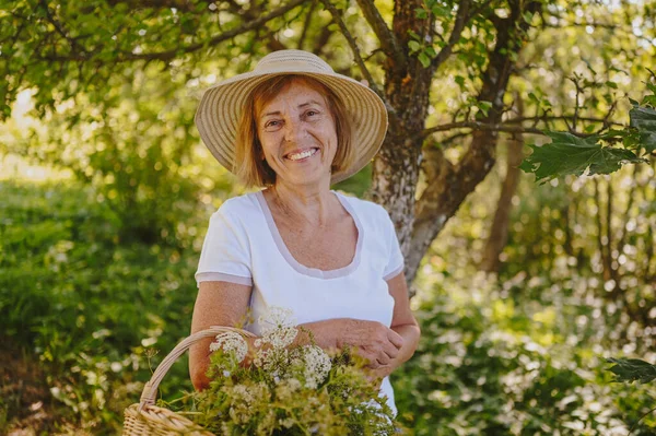 หญิงสูงอายุที่มีความสุขยิ้มในหมวกฟาง มีความสนุกสนานในสวนฤดูร้อนกับดอกไม้ในตะกร้า เกษตรกรรม ทําสวน เกษตรกรรม คนแก่เกษียณ ปลูกพืชอินทรีย์ในฟาร์ม — ภาพถ่ายสต็อก