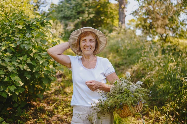 หญิงสูงอายุที่มีความสุขยิ้มในหมวกฟาง มีความสนุกสนานในสวนฤดูร้อนกับดอกไม้ในตะกร้า เกษตรกรรม ทําสวน เกษตรกรรม คนแก่เกษียณ ปลูกพืชอินทรีย์ในฟาร์ม — ภาพถ่ายสต็อก