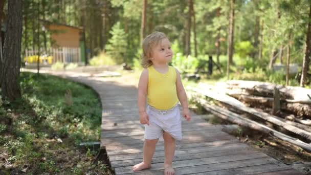 Petite fille blonde mignonne drôle tout-petit en maillot jaune et short gris marchant en jouant sur un sentier écologique en bois à l'extérieur en été à la campagne de la cour avant. Santé concept d'enfance heureuse — Video