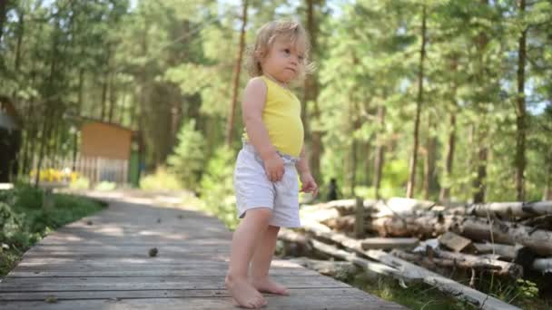 Petite fille blonde mignonne drôle tout-petit en maillot jaune et short gris marchant en jouant sur un sentier écologique en bois à l'extérieur en été à la campagne de la cour avant. Santé concept d'enfance heureuse — Video