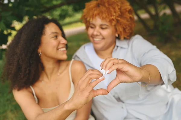 หนุ่มสาวคู่รักที่มีความสุขเลสเบี้ยนแอฟริกันอเมริกันนั่งบนหญ้าสีเขียวแสดงป้ายความรักด้านนอกที่สวนฤดูร้อนธรรมชาติ แนวคิดของชุมชน LGBT เพื่อนผู้หญิงยิ้มสนุกกับช่วงเวลาด้วยกัน — ภาพถ่ายสต็อก