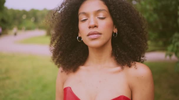Moda de cerca retrato en cámara lenta de sensual atractiva joven naturalmente hermosa mujer afroamericana con pelo afro posando en el parque natural en follaje verde. — Vídeos de Stock