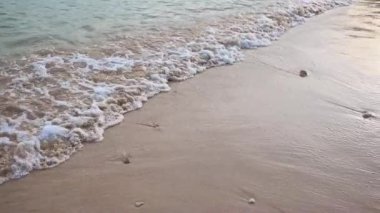 Kumlu sahile gelen bir deniz ya da okyanus dalgasının yüzeyi yakın çekim dokusu. Su ve köpükle dolu doğal bir arka plan. Yavaş çekim yaz tatili konsepti.