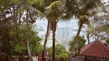 Luhuitou parkından Hainanların Sanya Şehri 'nin en iyi manzarası, yerel evler, lüks oteller ve binalar. Asya 'da yaz tatili cenneti. Kasvetli fırtınalı hava, rüzgarda sallanan palmiye ağaçları.