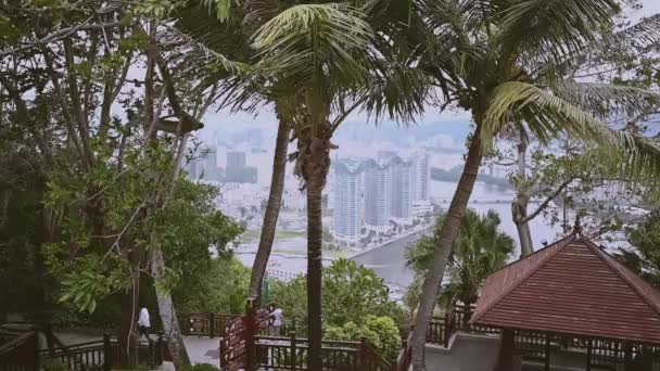 Top Kilátás Hainans Sanya City-re a Luhuitou parkból, helyi házakkal, luxusszállodákkal és épületekkel. Nyári vakáció Paradise Ázsiában. Szomorú viharos időjárás, pálmafák ringatóznak a szélben. — Stock videók