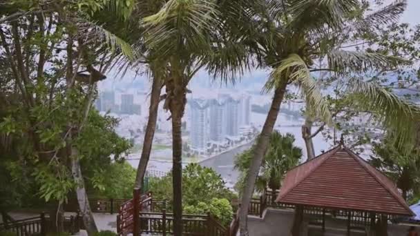Top View of Hainans Sanya City a partir do parque Luhuitou, com casas locais e hotéis e edifícios de luxo. Summer Vacation Paradise na Ásia. Tempo tempestuoso sombrio, palmeiras balançando ao vento. — Vídeo de Stock