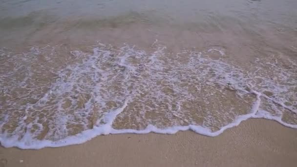 Närbild struktur på ytan av ett hav eller havsvåg som kommer till sandkusten. Naturlig bakgrund med stänk av vatten och skum. Slow motion semester sommar koncept. — Stockvideo