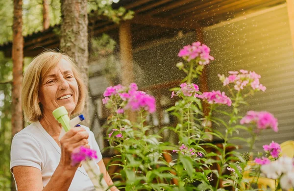 Anciana jardinero mayor agricultora cuidado de flores en el jardín de verano en el campo al aire libre, pulveriza las plantas con flores pulverizador de agua. Agricultura, jardinería, agricultura, ancianos jubilados. —  Fotos de Stock