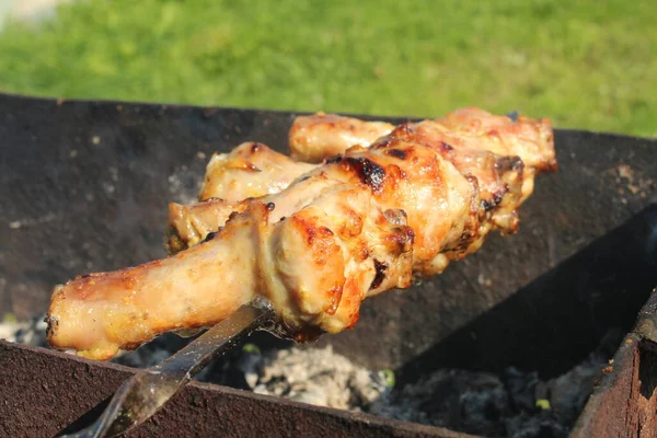 Cuisses Poulet Sont Des Brochettes Grillées Sur Charbon Bois Barbecue — Photo