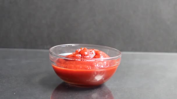 Takes Puts Spoonful Red Tomato Sauce Glass Plate Sauce — Stock Video