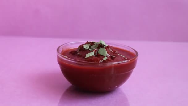 Takes Puts Spoonful Red Tomato Sauce Glass Plate Sauce — Stock Video