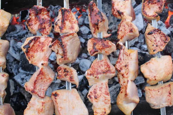 Cuire Viande Sur Les Charbons Pique Nique Barbecue Alimentation Dans — Photo