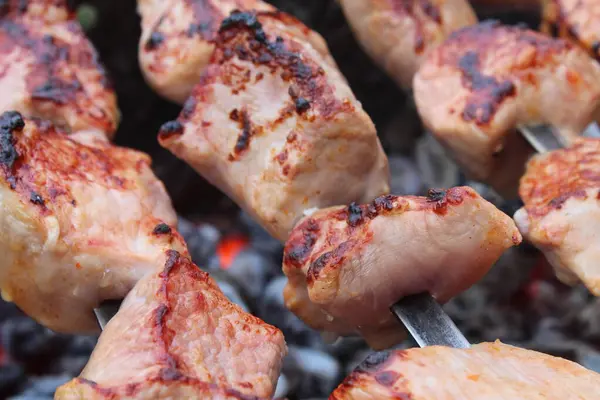 Cozinhar Carne Com Carvão Piquenique Churrasco Alimentos Natureza — Fotografia de Stock