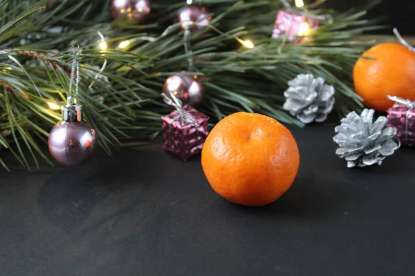 New Year Christmas Still Life Branch Pine Tree Next Tangerine — Stock Photo, Image