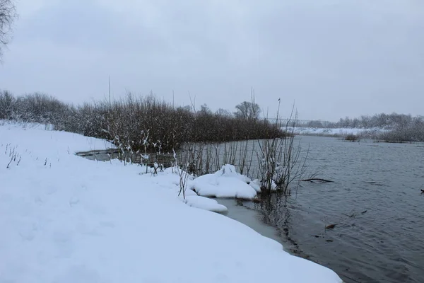 Paysage Hivernal Lac Rivière Sans Plantes Marécageuses Neg Divertissement Hiver — Photo