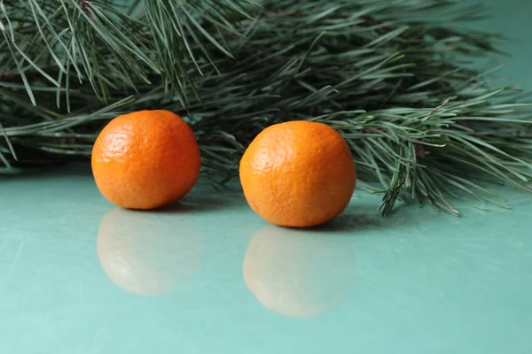 Two Three Citrus Tangerines Peel Unpeeled Lie Next Branch Spruce — Zdjęcie stockowe