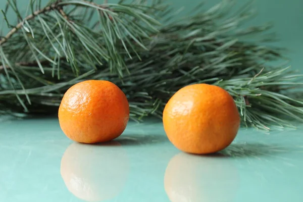 Two Three Citrus Tangerines Peel Unpeeled Lie Next Branch Spruce — Zdjęcie stockowe