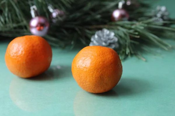 Two Three Citrus Tangerines Peel Unpeeled Lie Next Branch Spruce — Photo