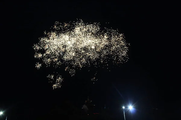 Comienzo Los Fuegos Artificiales Salpican Las Luces Oscuro Cielo Negro — Foto de Stock