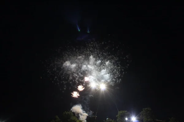 밤하늘에 불꽃이 튀기기 불꽃놀이의 — 스톡 사진