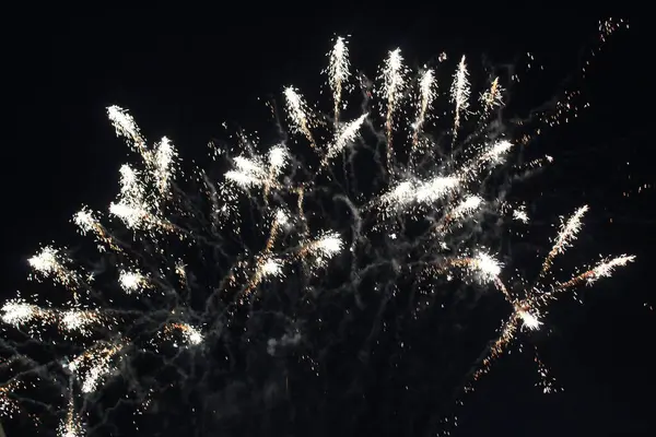 Los Fuegos Artificiales Son Blancos Sobre Fondo Negro Oscuro Ambiente — Foto de Stock