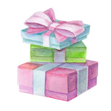 hediye mavi, yeşil, pembe, kutu suluboya resim