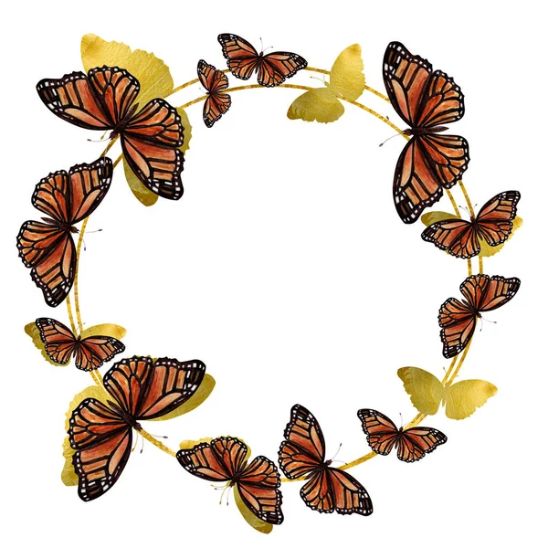 Cadre Rond Avec Aquarelle Papillons Orange Sur Fond Blanc — Photo