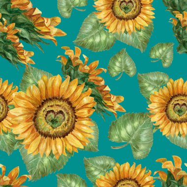 Mavi arkaplanda yapraklı ayçiçekli suluboya deseni