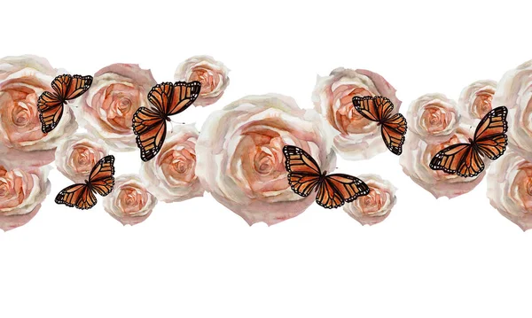 Σχέδιο Καρτ Ποστάλ Νερόχρωμα Πορτοκαλί Πεταλούδες Και Τριαντάφυλλα Λευκό Φόντο — Φωτογραφία Αρχείου