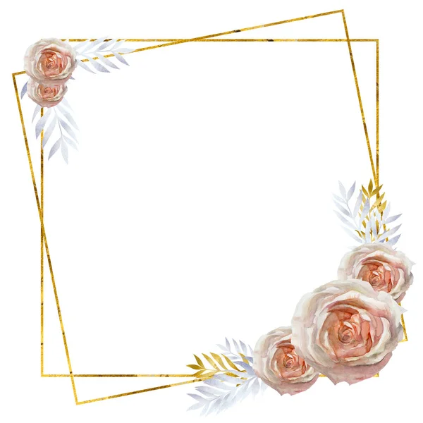 Καρτ Ποστάλ Νερομπογιές Τριαντάφυλλα Λευκό Φόντο Χρυσό Πλαίσιο — Φωτογραφία Αρχείου