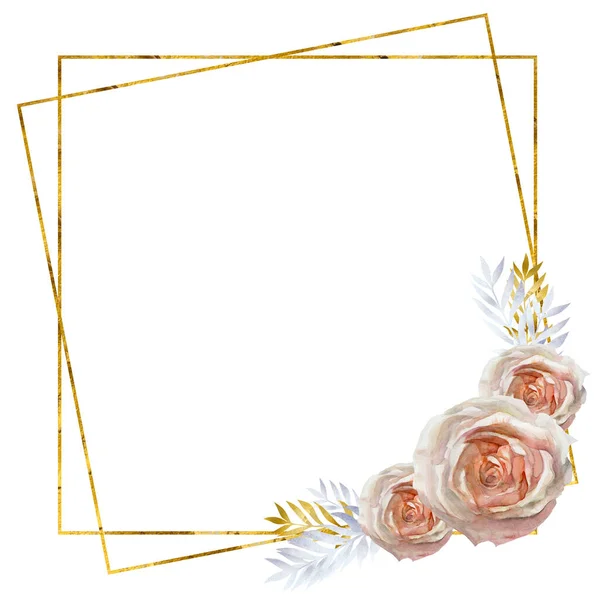 Καρτ Ποστάλ Νερόχρωμα Τριαντάφυλλα Λευκό Φόντο Και Φύλλα Χρυσό Πλαίσιο — Φωτογραφία Αρχείου