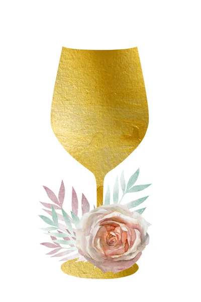 Ποτό Ένα Χρυσό Ποτήρι Ένα Τριαντάφυλλο Ακουαρέλα Είναι Απομονωμένο — Φωτογραφία Αρχείου