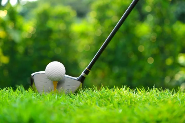 Мяч для гольфа на зеленой траве готов для удара на фоне поля для гольфа — стоковое фото