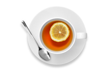 Beyaz arka planda limonlu bir fincan çay.