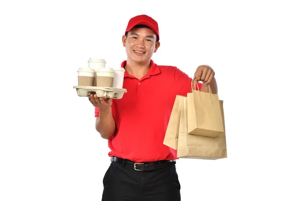 Ásia Entrega Homem Vermelho Uniforme Realizar Sacos Comida Bebida Mãos — Fotografia de Stock