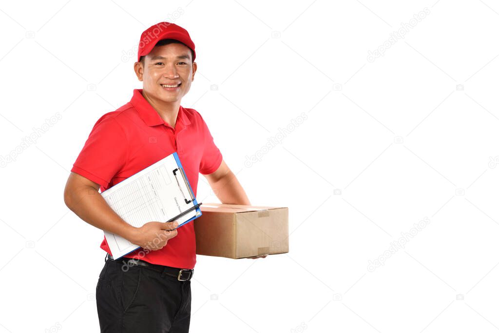 Asian delivery man in red uniform with parcel cardboard box isolated on white background