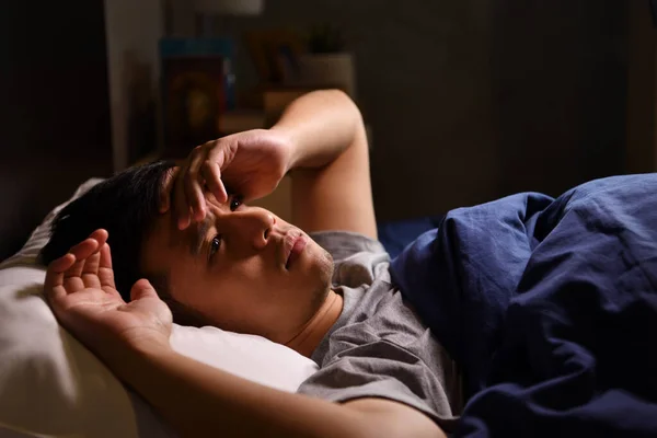 Depressed Young Man Suffering Insomnia Lying Bed — Stock Photo, Image