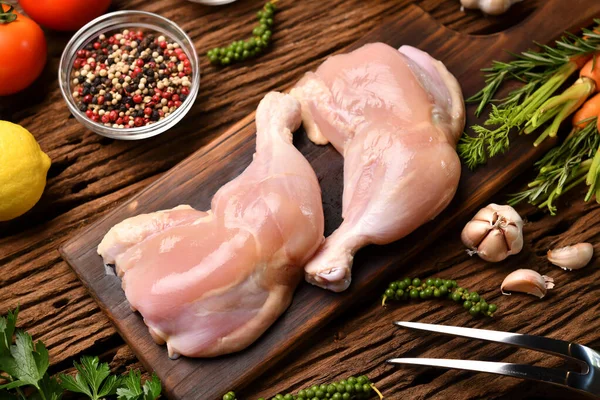 Skinless Raw Chicken Thighs Ingredients Cooking Wooden Cutting Board — Stock Photo, Image