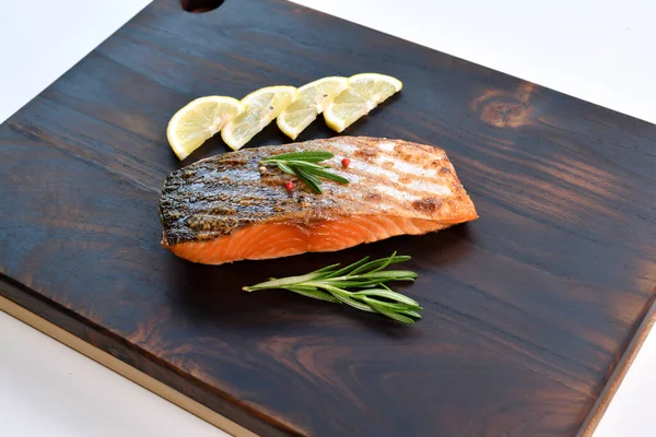 Grilled Salmon Steak Ingredients Wooden Cutting Board Kitchen — 图库照片