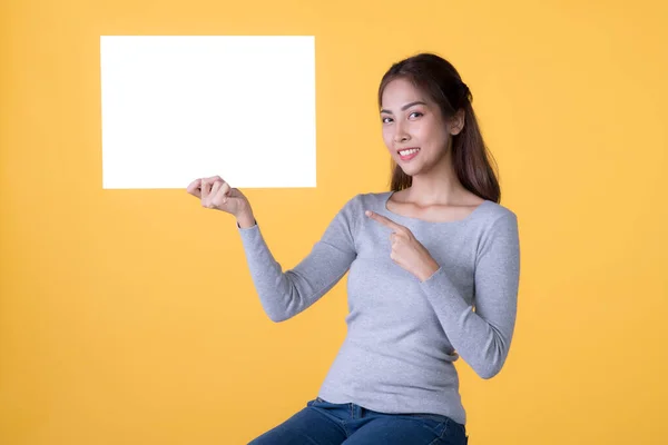Asian Woman Casual Clothes Holding Empty Blank Board Pointing Finger — Stock Photo, Image