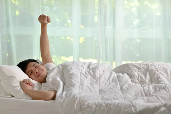 Asian Man Stretching Bed Wake Morning — Stock Photo, Image