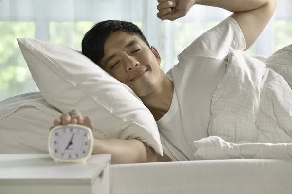 Portrait Happy Asian Man Waking Bed Morning — Stock Photo, Image