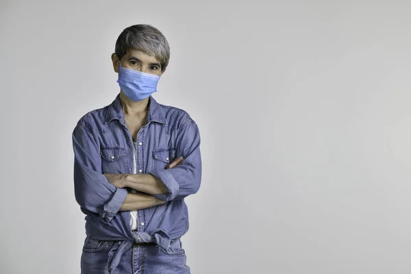 Happy Middle Aged Asian Woman Wearing Surgical Mask Corona Virus — Stok Foto